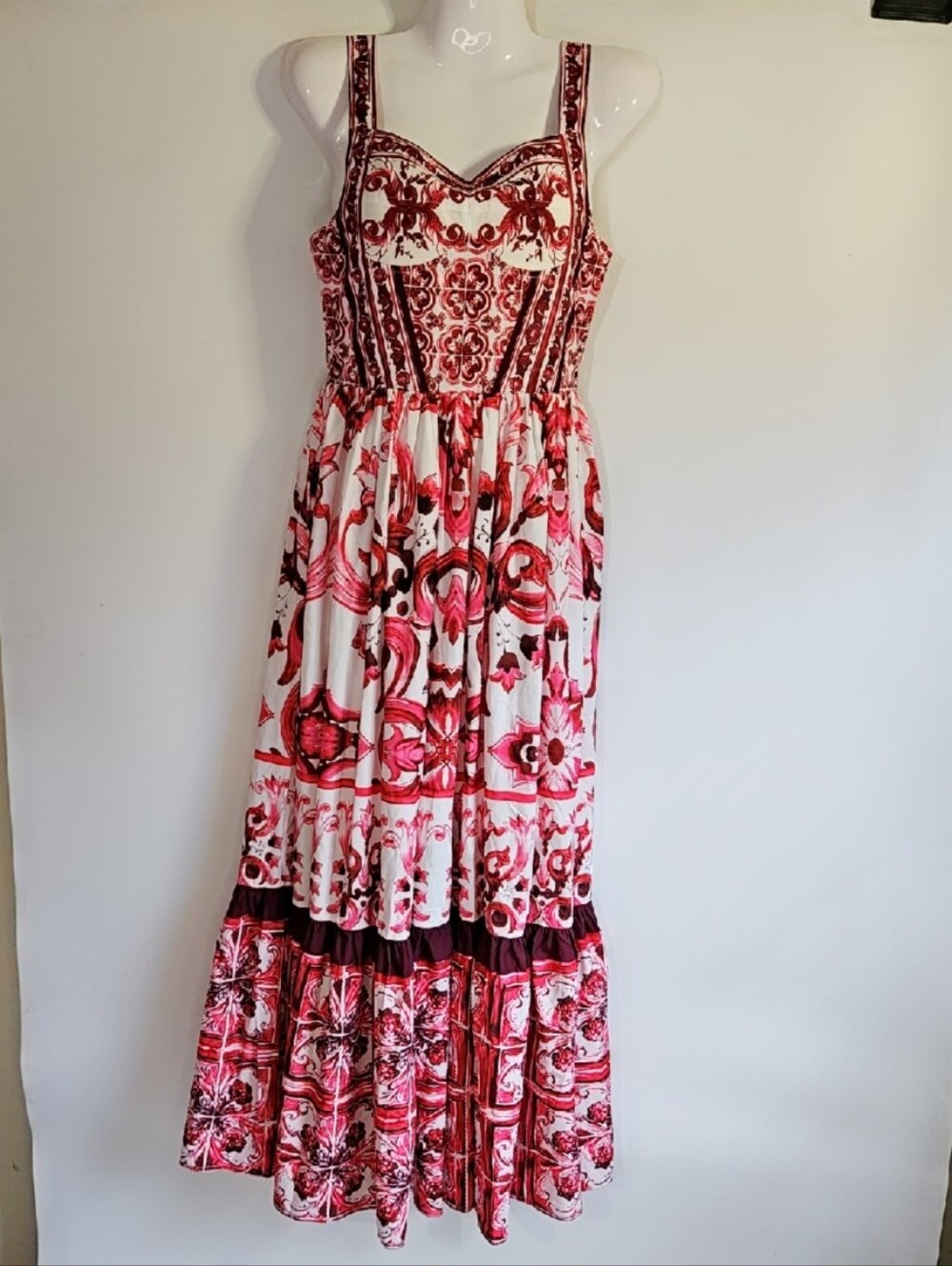 Designer Sleeveless Pink Red White Patterned Maxi Frill Dress Size S